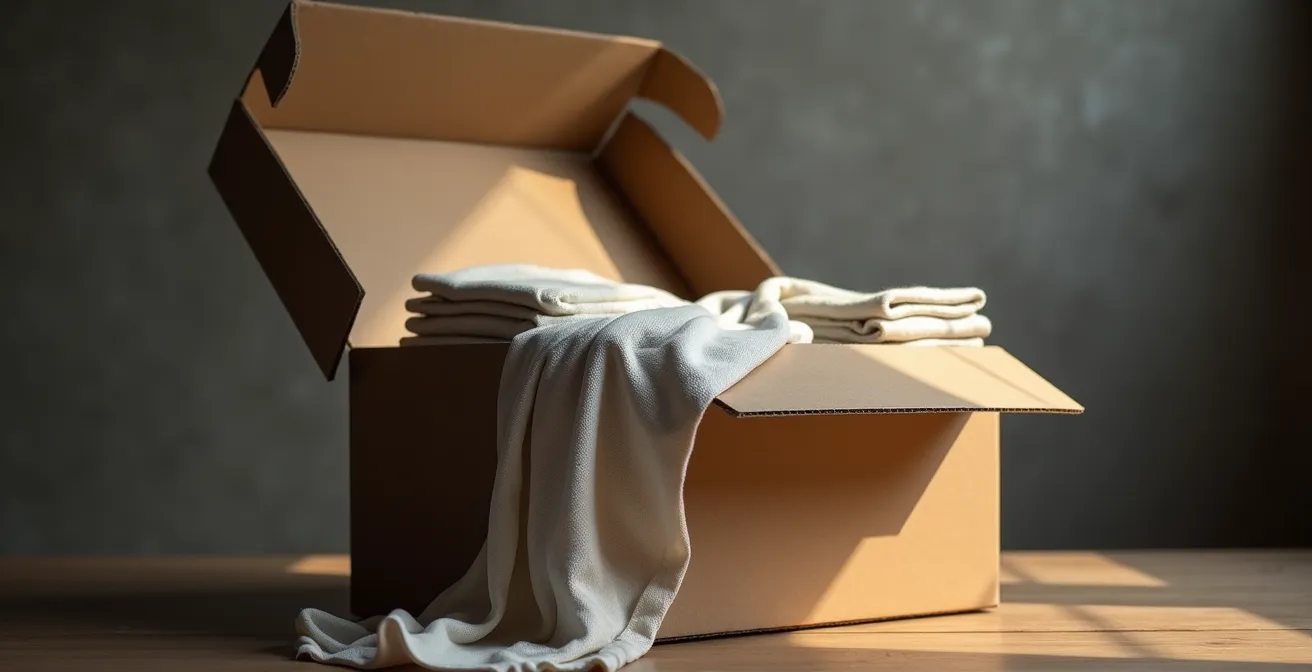 Boîte en carton ouverte contenant des vêtements pliés dans une atmosphère contemplative