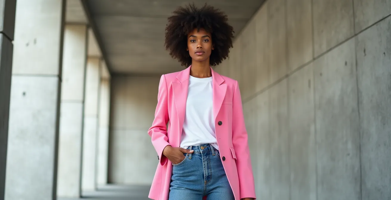Vue d'ensemble d'une veste de costume rose portée avec un jean brut et un t-shirt blanc dans un environnement urbain minimaliste