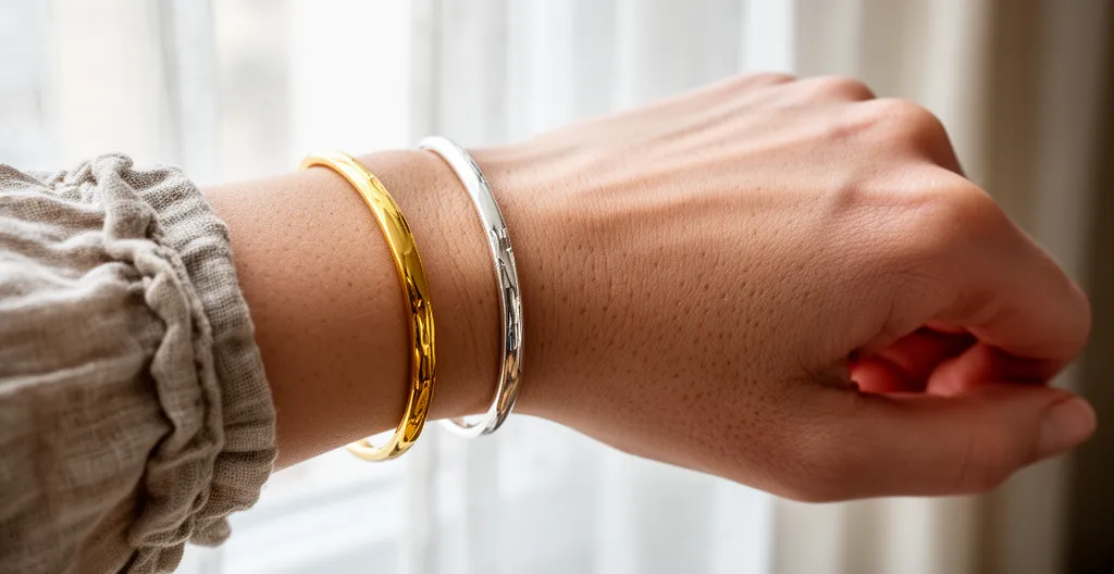 Bracelet or et bracelet argent côte à côte sur un poignet pour test de sous-ton