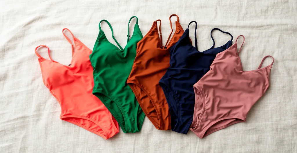 Sélection de maillots de bain colorés présentés en flat lay avec nuances corail, émeraude et terracotta