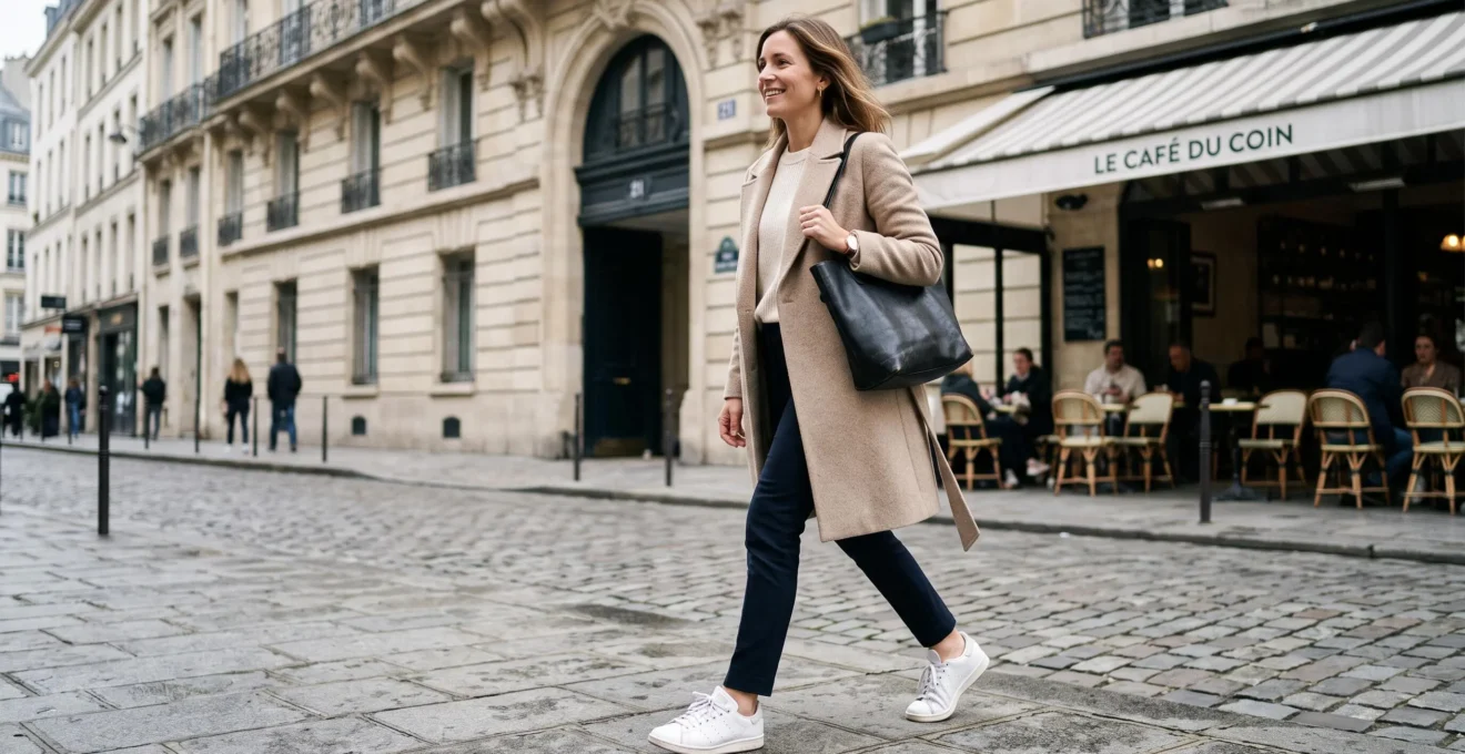 Une femme marche sur un trottoir parisien avec des baskets en cuir blanc et un manteau habillé.