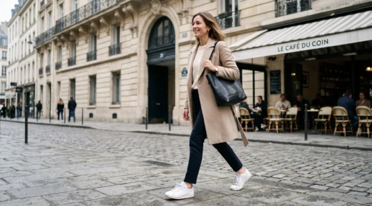 Une femme marche sur un trottoir parisien avec des baskets en cuir blanc et un manteau habillé.