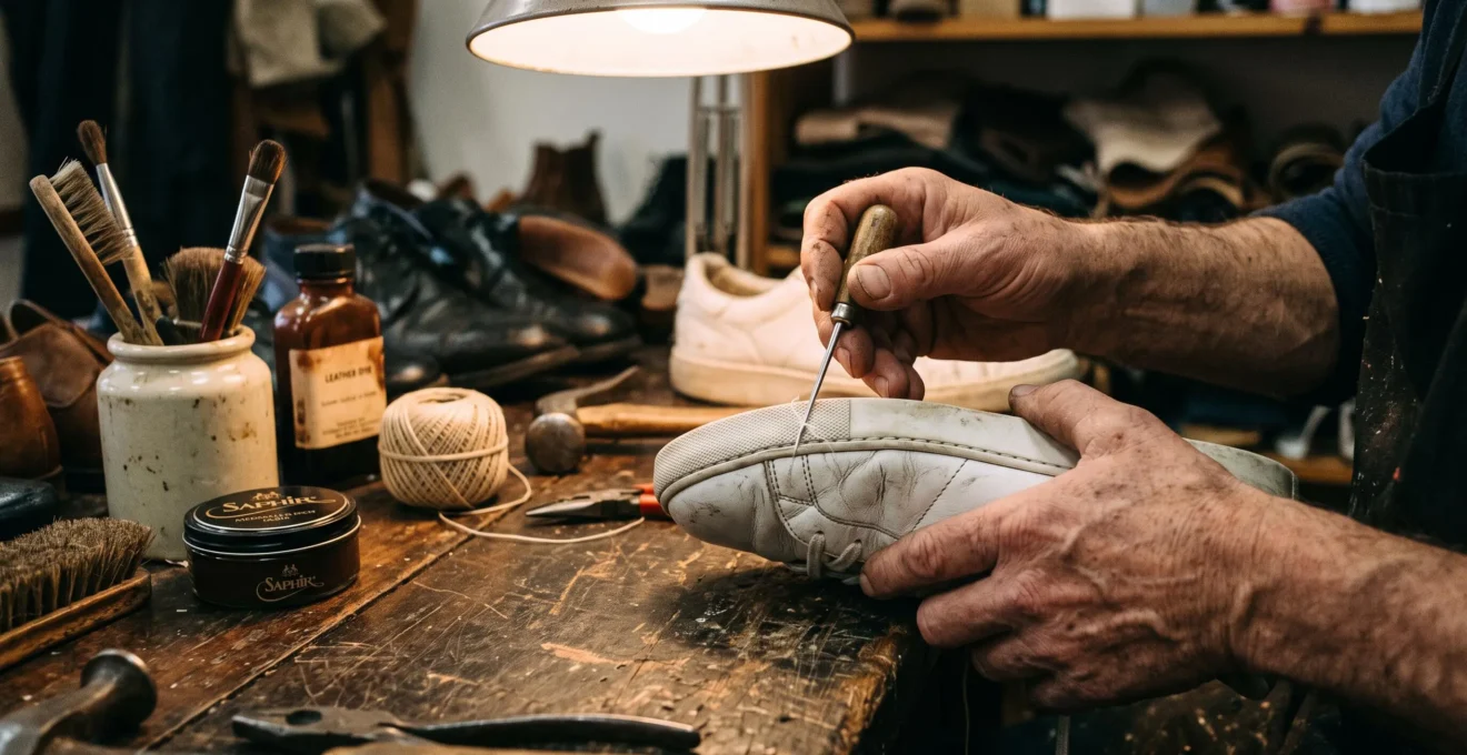 Un cordonnier examine la couture d'une basket en cuir blanche sur son établi.